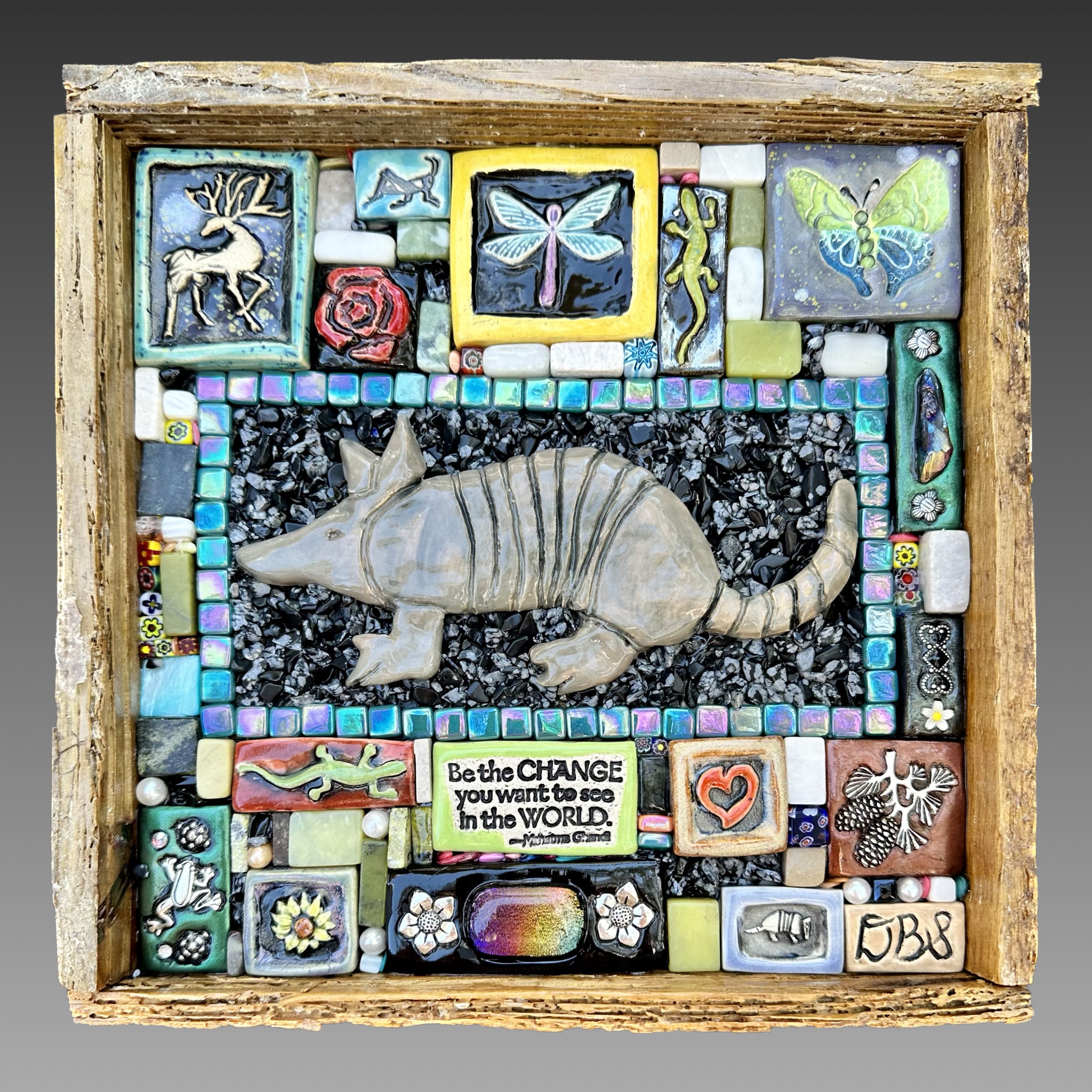 Clay mosaic artwork with nature and wildlife theme, armadillo art, dragonfly, butterfly, buck, deer, lizard, pinecone, be the change you want to see in the world, flowers, unique gift idea for nature lover, one-of-a-kind decor, handmade, flowers