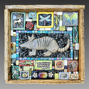 Clay mosaic artwork with nature and wildlife theme, armadillo art, dragonfly, butterfly, buck, deer, lizard, pinecone, be the change you want to see in the world, flowers, unique gift idea for nature lover, one-of-a-kind decor, handmade, flowers