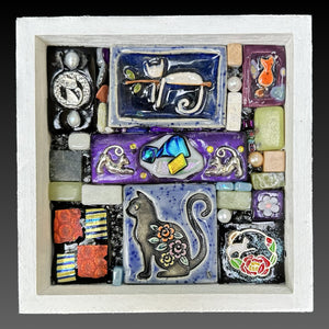 clay mosaic artwork with cat theme. Kitty art, unique gift idea for cat lover, cat mom, cat dad. Bright, original, one-of-a-kind art, decor for room or desk