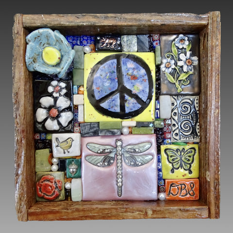 Clay mosaic artwork with nature theme, dragonfly, bird, butterfly, peace sign, flowers, unique gift idea for nature lover, one of  a kind handmade decor