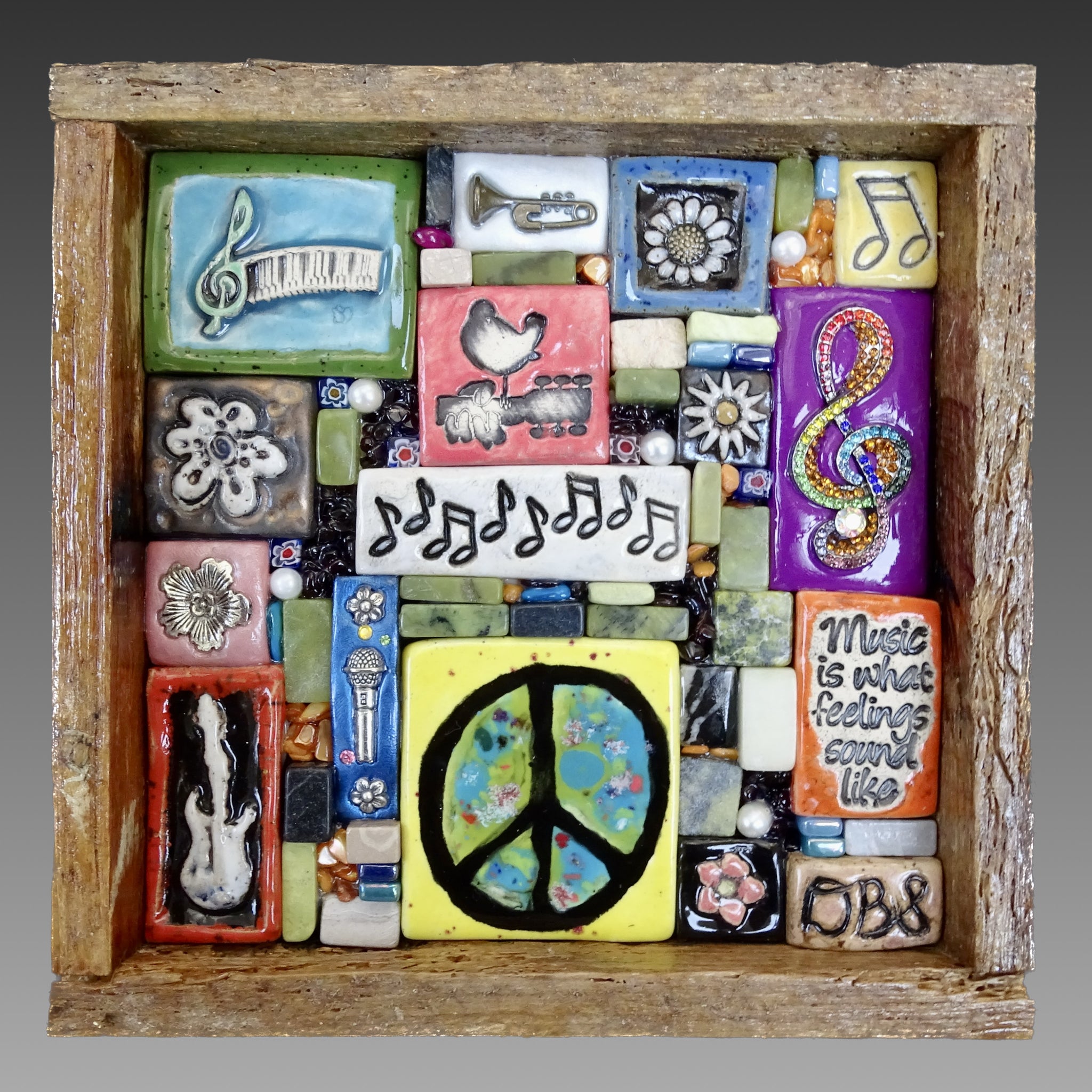Clay mosaic artwork with music theme, colorful peace sign, flowers, woodstock, music notes, instruments, guitars, unique gift idea for musician or music lover