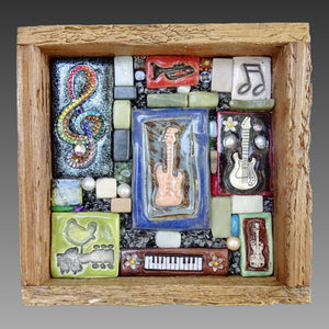 Clay mosaic artwork with music theme, unique gift idea for musician or music lover. One of a kind art with instruments, guitars, piano, keyboard, violin, music notes, clef, brass, colorful decor