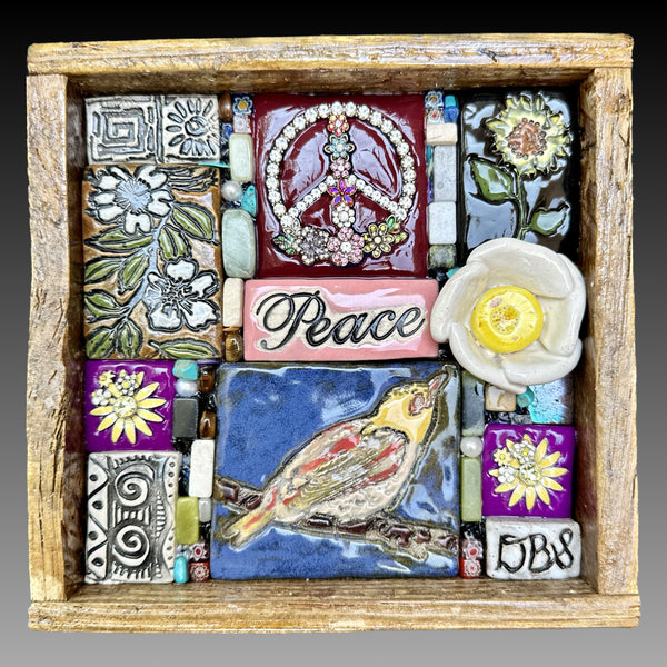Clay mosaic artwork with nature theme, bird and flowers, peace sign. Unique gift idea for nature or wildlife lover, animals, floral decor, handmade.