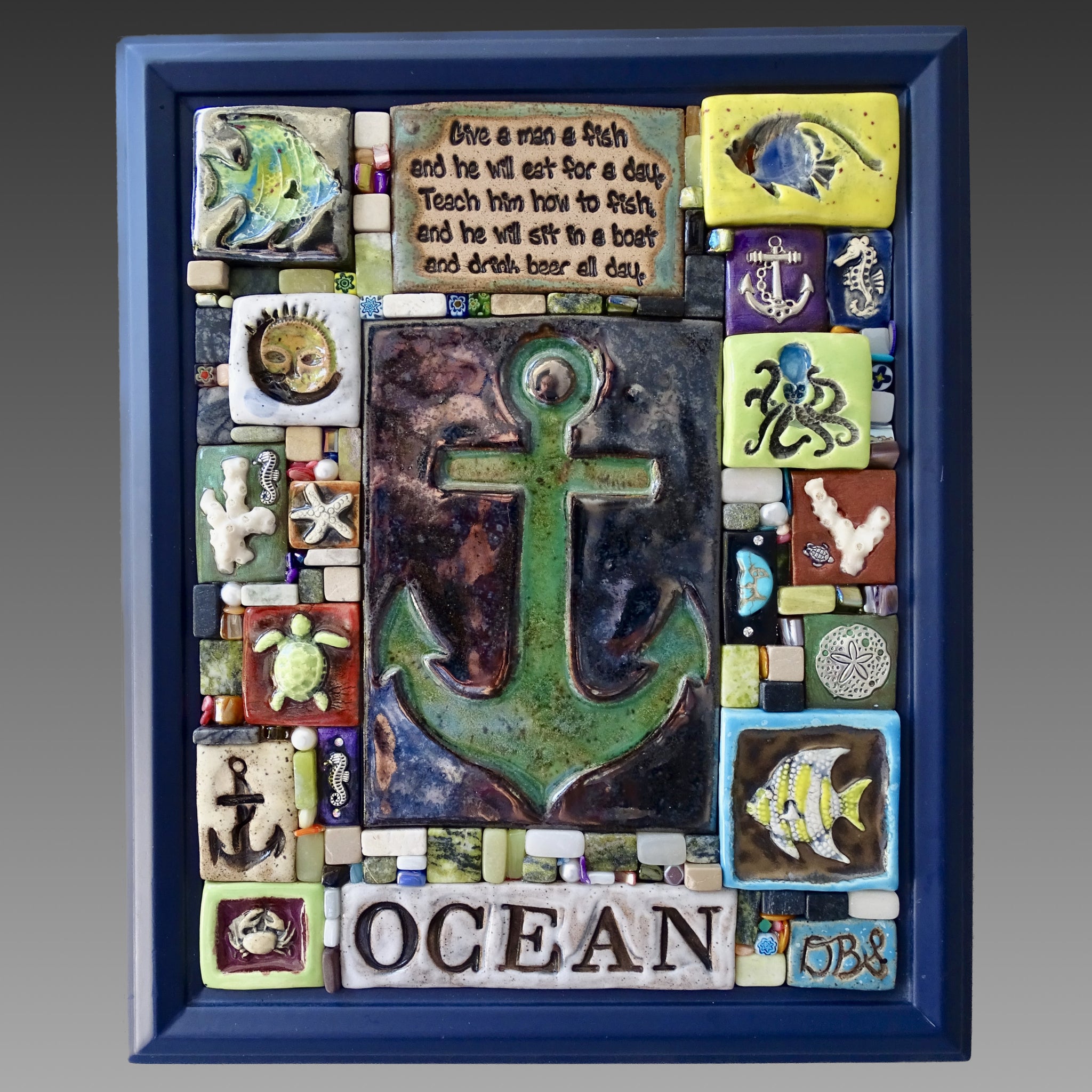 Clay mosaic artwork with nautical theme. Ocean art, unique decor or gift idea for ocean themed room. Fish, anchor, coral, octopus, sea turtle, seahorse, starfish. "Give a man a fish"
