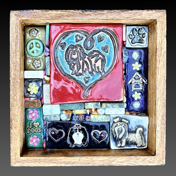 Clay mosaic artwork with dog theme. Toy dog, shih tzu, lhasa apso, lap dog. Heart, pw print, peace sign, flowers, dog house. Unique gift idea for dog lover or dog mom or dad. Handmade one of a kind decor