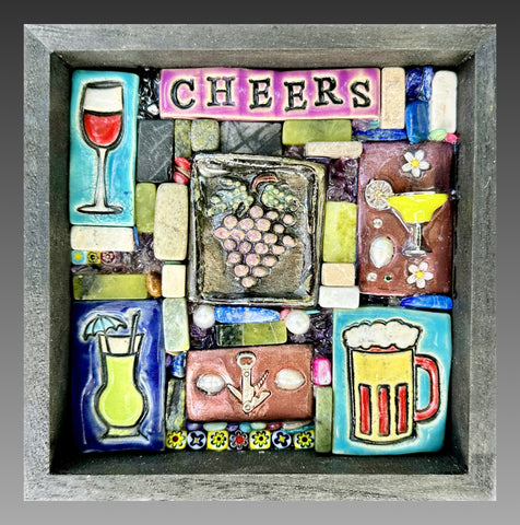 Clay mosaic artwork with wine and spirits theme with cheers, grapes, beer, cocktails, wine glass, daquiri, martini, and corkscrew. Unique gift idea for home bar, wine lover, hostess or host gift.