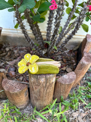 handmade clay toothpick holder, flower, hand-sculpted, yellow and green, decor kitchen office