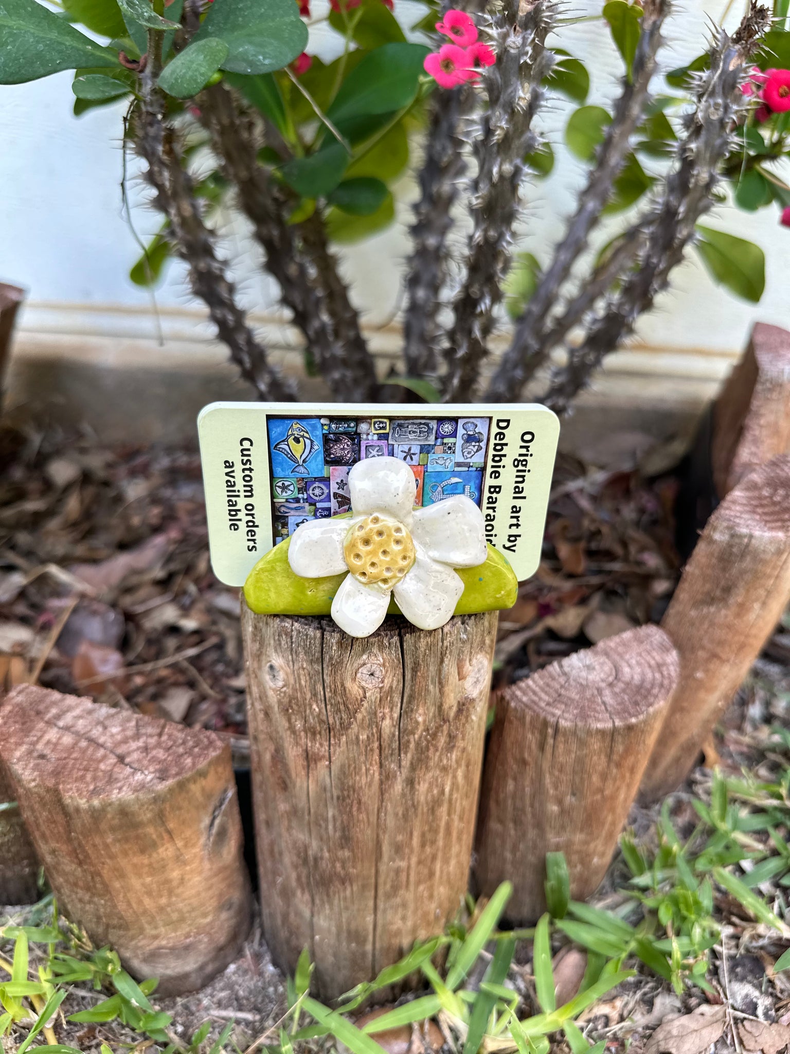 handmade clay business card holder with hand-sculpted flower. unique decorative desk art, office decor