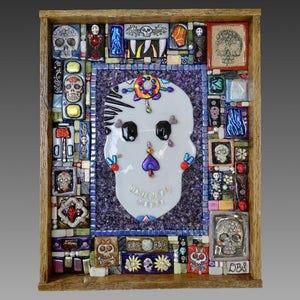 Clay mosaic artwork, handmade, hand-cut fused dichroic glass, tiles, sugar skull, da of the dead, dia de los muertos, flowers, love, unique gift idea for skull lover, decor