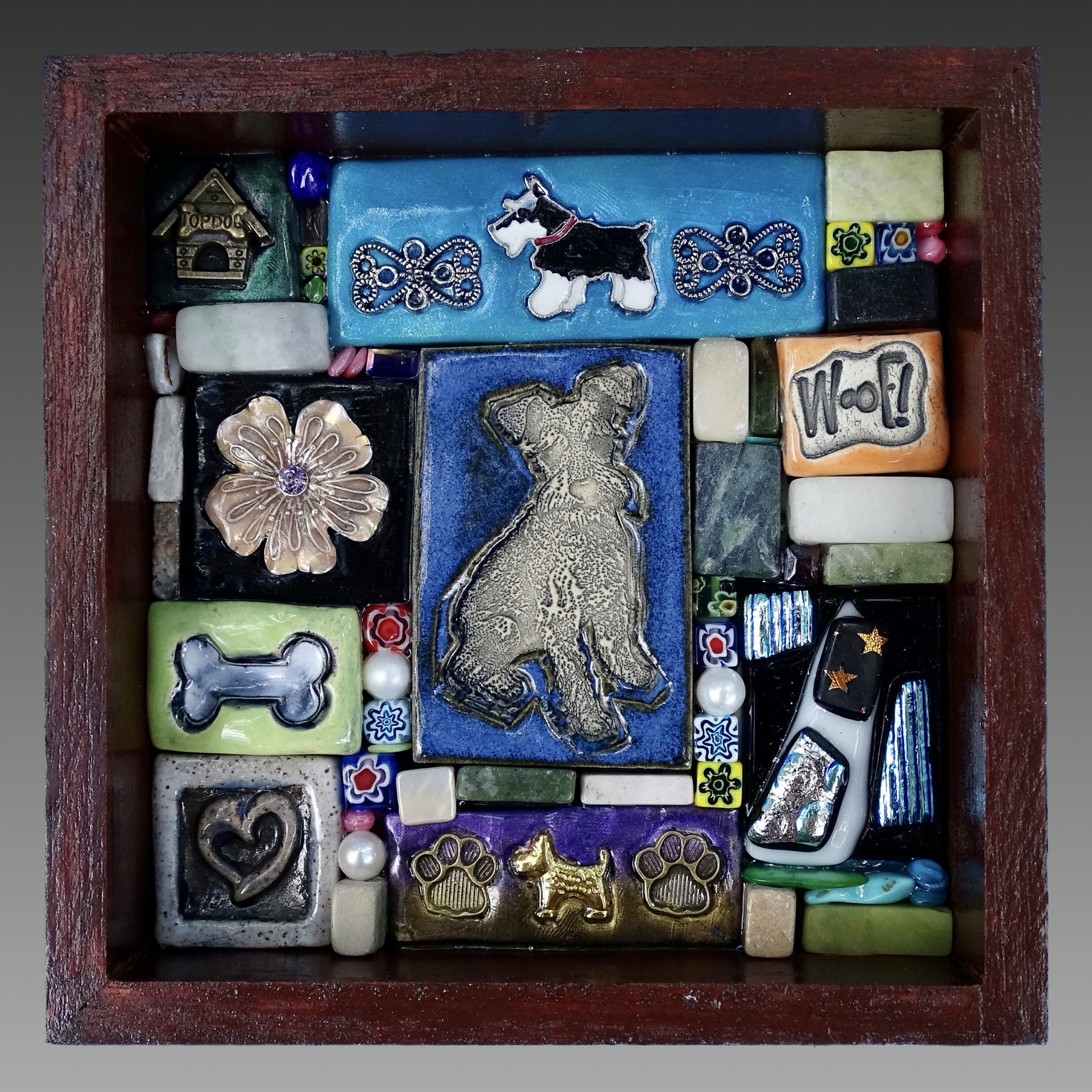 Clay mosaic art work, art with dog theme, pet, animal, schnauzer, bone, woof, heart, pawprint, unique gift idea for pet parent, dog lover, mom, dad, breeder, rescue, adopt