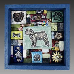 Clay mosaic artwork with pug theme. Dog,puppy, pet, bone, doghouse, pawprint, paw print, flowers, love, hearts, unique gift idea, decor