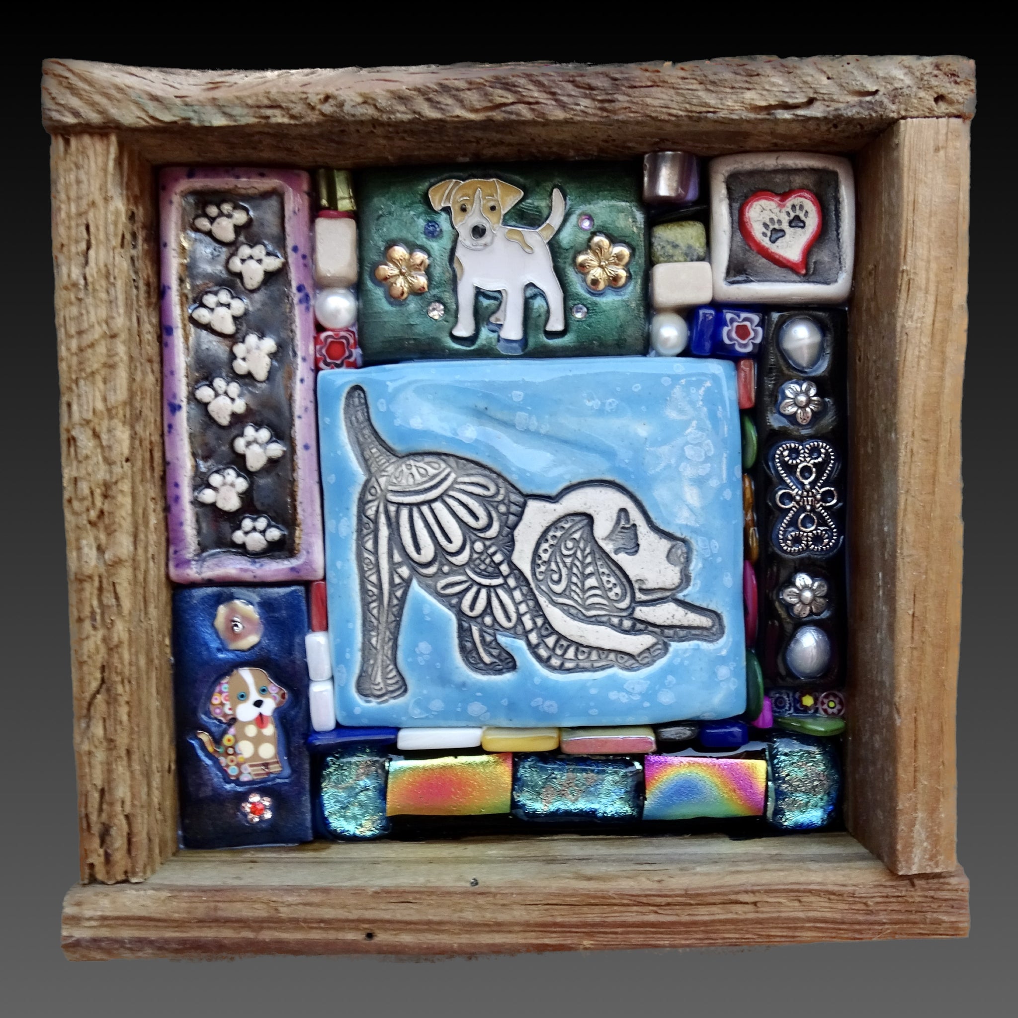 Clay mosaic artwork with dog theme, puppy, pet, animal art, pawprints, heart, unique gift idea for pet lover, owner, dog mom dad, dichroic glass, flowers, handmade decor