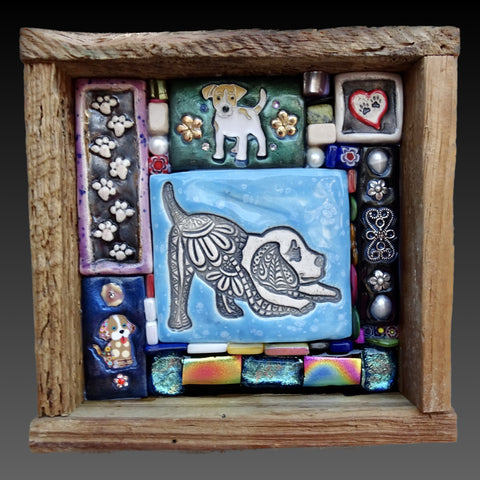 Clay mosaic artwork with dog theme, puppy, pet, animal art, pawprints, heart, unique gift idea for pet lover, owner, dog mom dad, dichroic glass, flowers, handmade decor