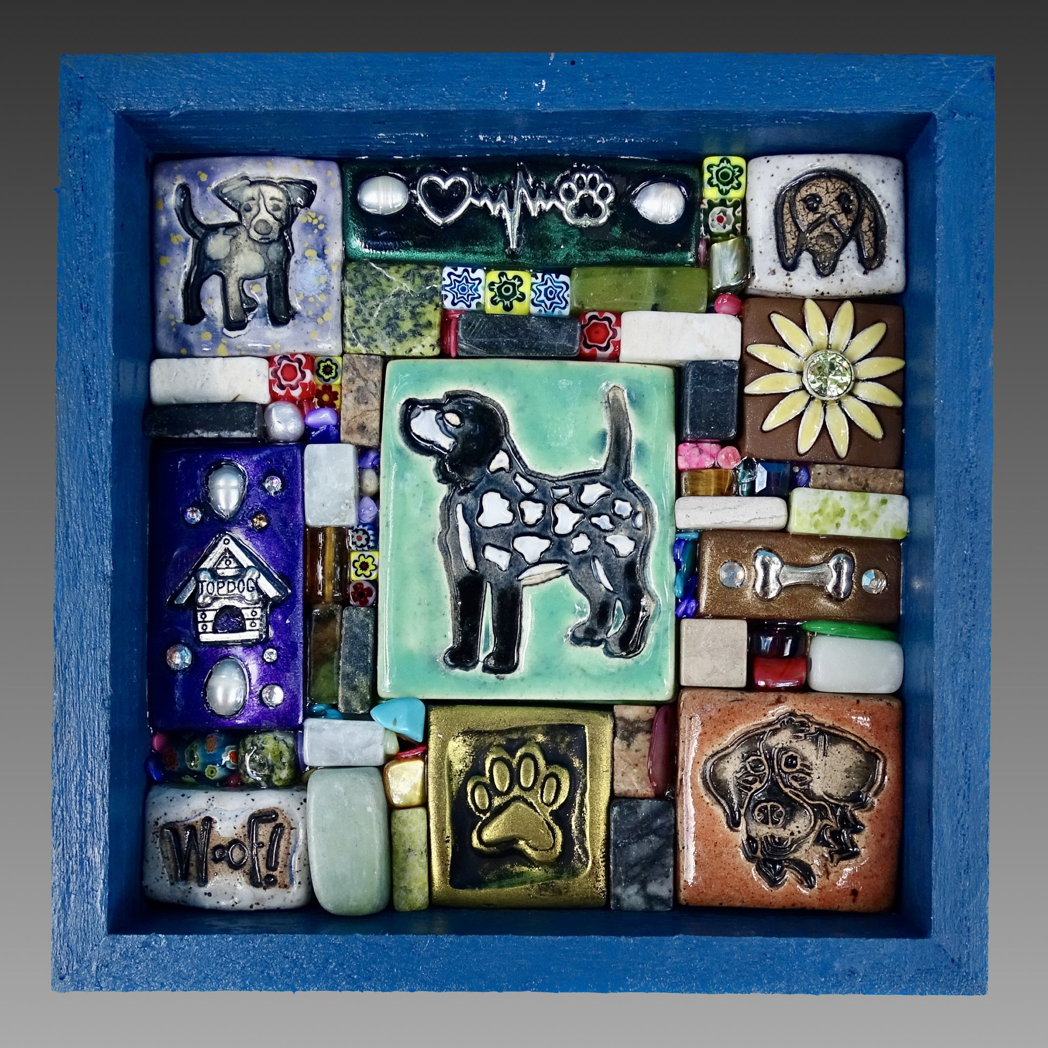 Clay mosaic artwork, art with dog theme. Puppy, hound dog, animals, pet, pawprint, flowers, woof, doghouse, unique handmade gift idea for dog lover or pet parent