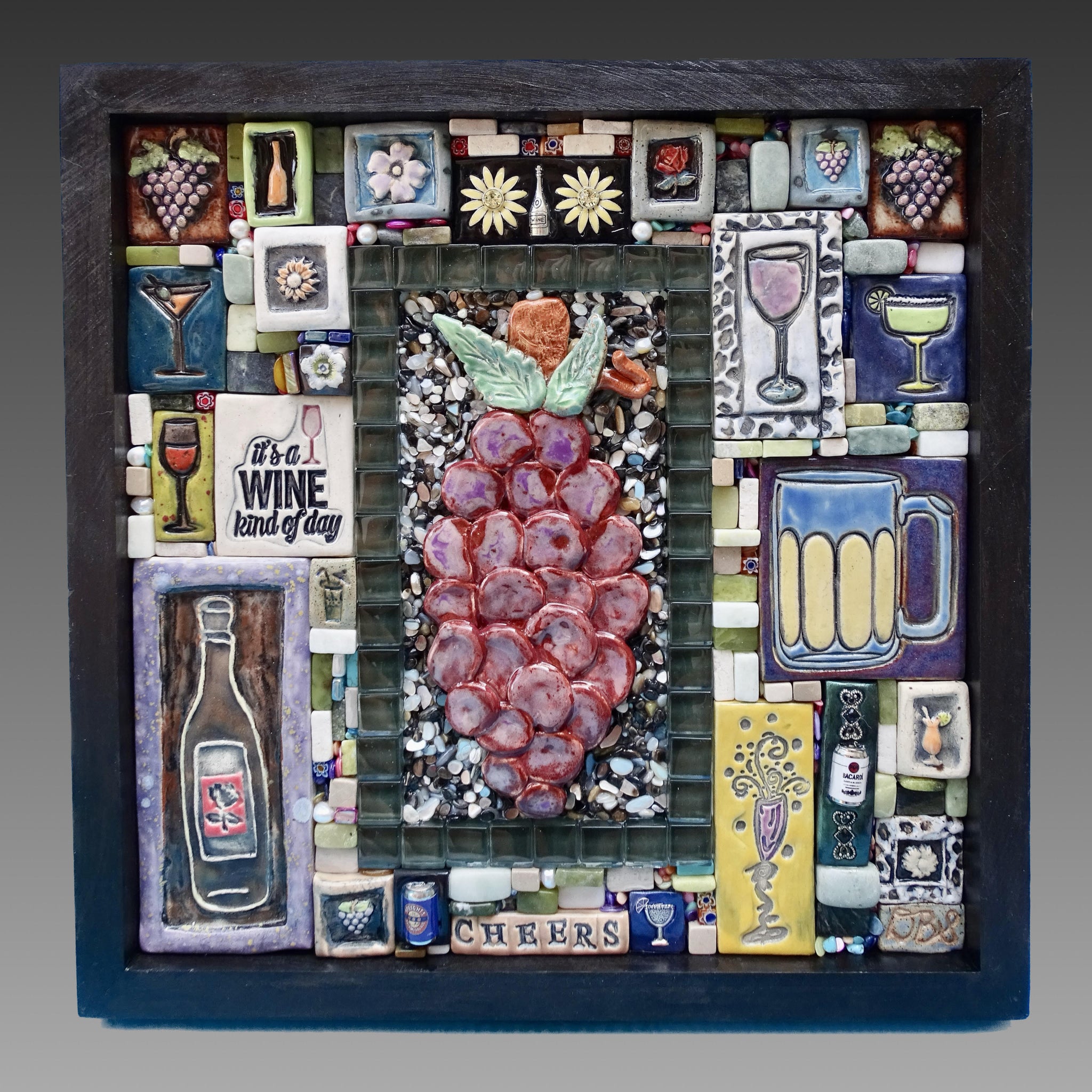 Clay mosaic artwork with wine and spirits theme. Art for home bar, unique gift idea for wine lover, alcohol, cocktail, bottle, champagne, vino, cheers, salud, prost