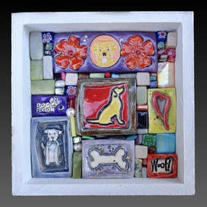 Clay mosaic artwork, art with dogs, yellow labrador, lab, golden retriever, animals, pets, unique gift idea for dog lover or mom, bone, heart, dog person, flowers, woof