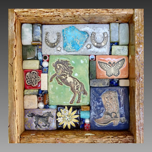 Clay mosaic artwork with horses, horseshoes, cowgirl/cowboy boot, western theme, flowers, butterfly, turquoise, southwestern, equine